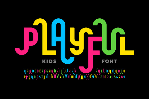Playful style font design, childish alphabet letters and numbers