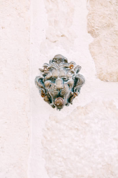 istock Doorbell - Muzzle of a lion on a white background in a stone wall. 1264414002
