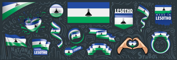 illustrazioni stock, clip art, cartoni animati e icone di tendenza di set vettoriale della bandiera nazionale del lesotho in vari disegni creativi - lesotho