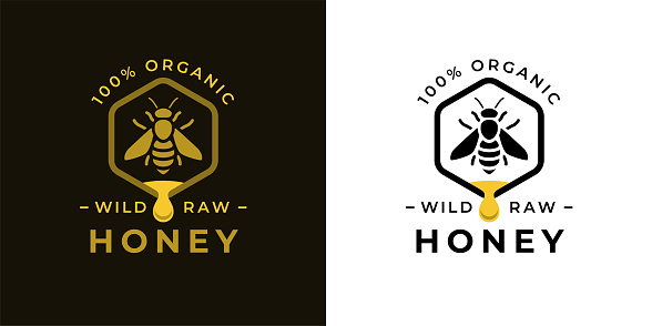 100% Natural wild raw organic honey label concept with bee symbol inside hexagon honeycomb nectar drop sign. Beekeeper farm badge brand identity template. Vector illustration.