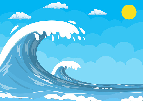 Big ocean wave. Summer landscape with sun and cloud. Vector illustration in flat style