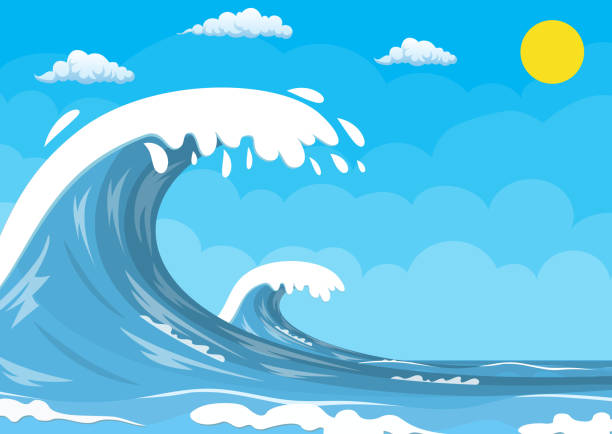 Big ocean wave Big ocean wave. Summer landscape with sun and cloud. Vector illustration in flat style breaking wave stock illustrations