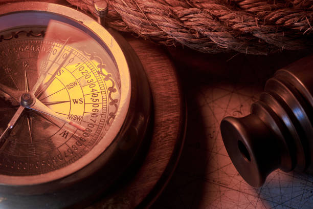 istock Vintage nautical compass on antique nautical map for sailing direction 1264418621