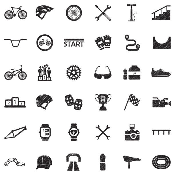 ilustrações de stock, clip art, desenhos animados e ícones de biking icons. black scribble design. vector illustration. - bicycle sport tire single object