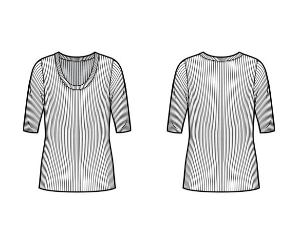 istock Ribbed scoop neck knit sweater technical fashion illustration with elbow sleeves, oversized body, tunic length 1264423948
