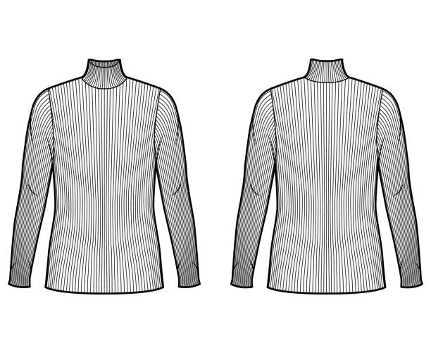 istock Turtleneck ribbed-knit sweater technical fashion illustration with long sleeves, oversized body, tunic length 1264424757