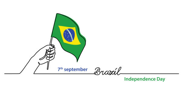 Brazil independence day simple web banner, background with flag and hand. One continuous line drawing with lettering Brazil Brazil independence day simple web banner, background with flag and hand. One continuous line drawing with lettering Brazil. independence illustrations stock illustrations