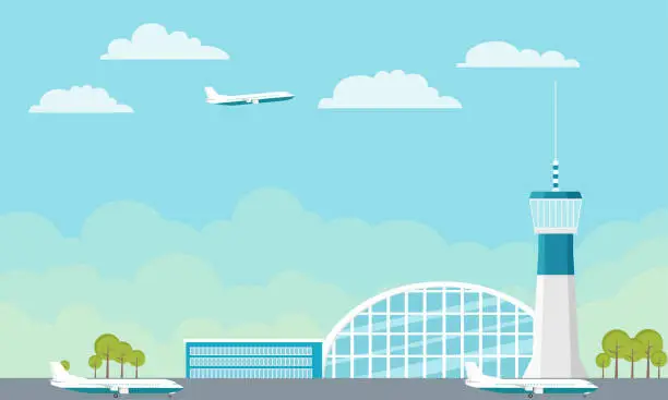 Vector illustration of The airport. Airport building with control tower, terminal and airstrip. Vector, cartoon illustration. Vector.