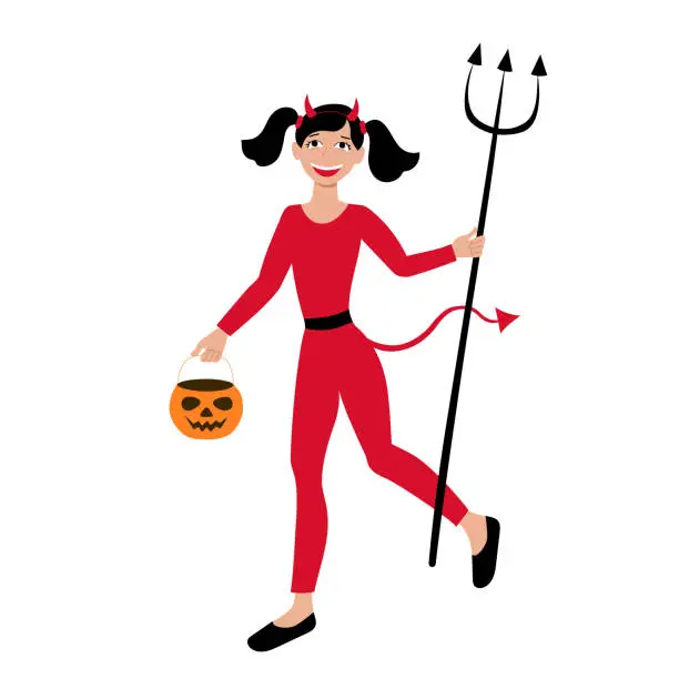 Vector illustration of Girl dressed as devil and carrying a pumpkin candy bag for Halloween carnival party. Costume of a little imp with horns tail and trident. Stock vector flat illustration isolated on white.