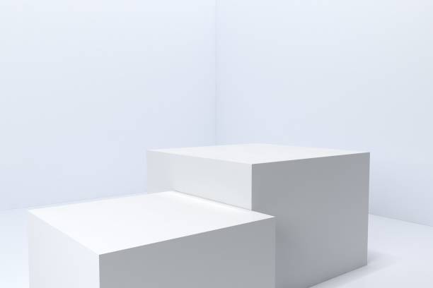 istock 3d render, two white podiums, platforms for products. Cube pillar stand scene, winner pedestal in studio on white background. 1264439407