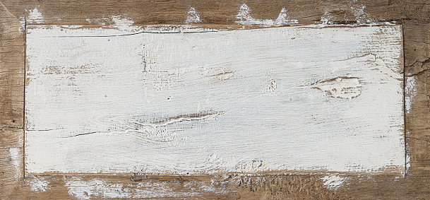 Old blank, textured white wooden timber board background with a natural wood worn edge frame detail and lots of grain, cracks, and scratches, a great backdrop for rural and rustic copy space design.