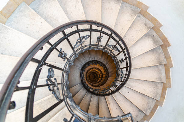 istock Spiral stone staircase with metal railings. St. Stephen's Basilica. 1264444090