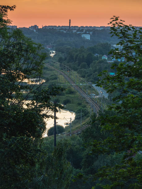 istock Bend rail railway aerial view. Railroad top view in the evening 1264445559