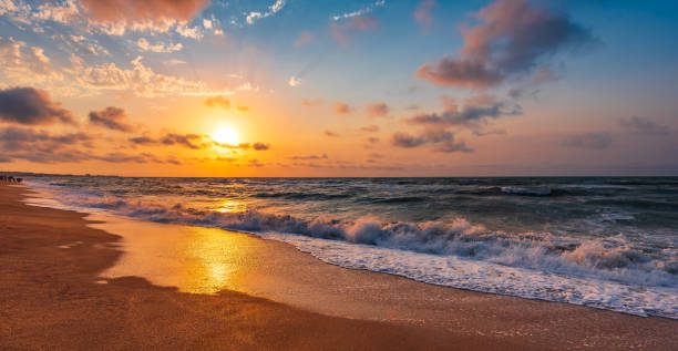 istock Colorful sunset with wave splashes on the beach 1264445731