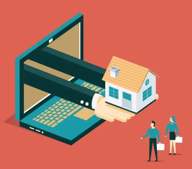 Vector illustration of Online real estate selling - Laptop