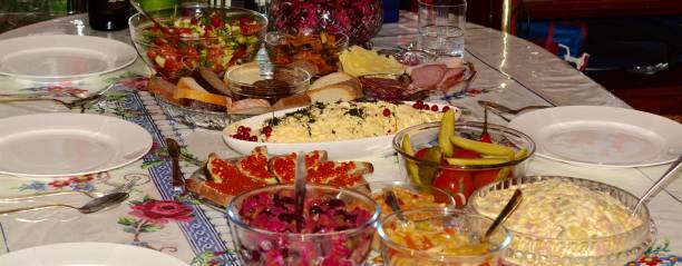 istock Table with food and drink, no people 1264447639