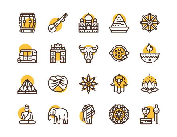 ilustrações de stock, clip art, desenhos animados e ícones de vector color line icon round set india culture - lotus automobiles illustrations