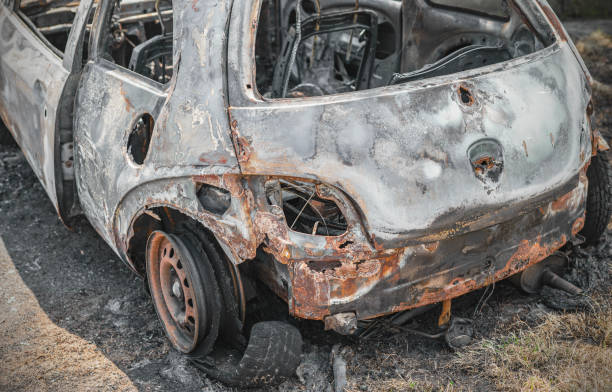istock A car damaged in a fire caused by non-empty installations. Car insurance concept 1264449088