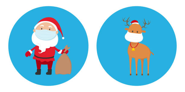 istock Santa Claus and deer in medical masks. Vector icons 1264450063