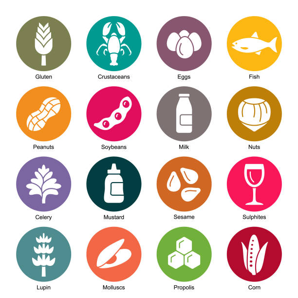 ilustrações de stock, clip art, desenhos animados e ícones de allergens colourful vector icons - allergy food peanut pollen