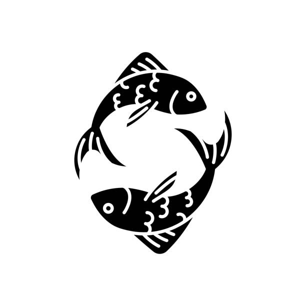 Pisces zodiac sign black glyph icon Pisces zodiac sign black glyph icon. Horoscope fish silhouette symbol on white space. Astrological birth sign. Sea life, traditional marine wildlife. Two swimming fishes vector isolated illustration fish silhouettes stock illustrations
