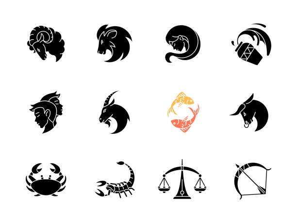 Zodiac signs black glyph icons set on white space Zodiac signs black glyph icons set on white space. Twelve horoscope silhouette symbols for fortune telling. Astrology and future prediction. Different birth signs vector isolated illustrations ram animal stock illustrations