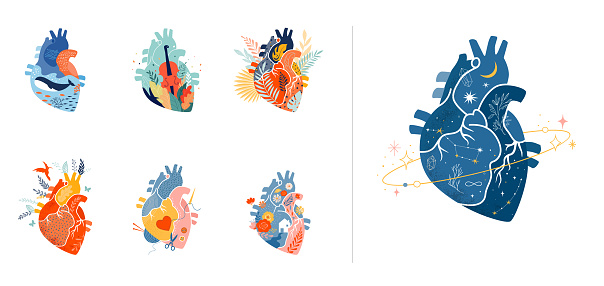Collection of anatomical heart modern print design, art work. Vector illustration