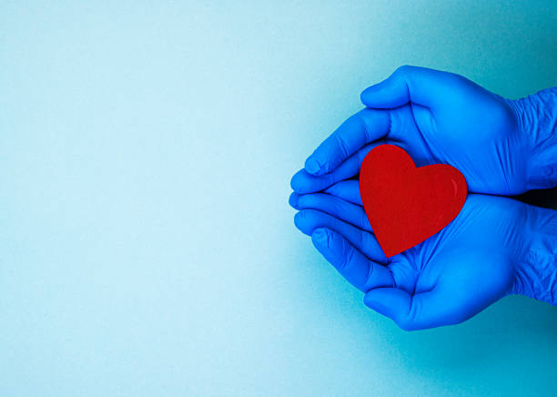 rotes herz in den händen in blauen medizinischen handschuhen auf blauem hintergrund. hintergrund für den tag des sanitäters - week stock-fotos und bilder