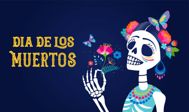 디아 드 로스 무에르토스, 죽은 자의 날, 멕시코 휴일, 축제. 꽃 왕관카타리나의 구성과 여자 두개골. 설탕 두개골이 있는 포스터, 배너 및 카드 - catrina stock illustrations