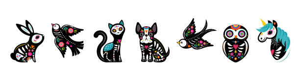 Day of the dead, Dia de los muertos, animals skeletons collection, dog, bird, unicorn, bunny and cat skulls and skeleton decorated with colorful Mexican elements and flowers. Fiesta, Halloween, holiday poster, party flyer. Vector illustration Day of the dead, Dia de los muertos, animals skeletons collection, dog, bird, unicorn, bunny and cat skulls and skeleton decorated with colorful Mexican elements and flowers. Fiesta, Halloween, holiday poster, party flyer template. Vector illustration animal stickers stock illustrations