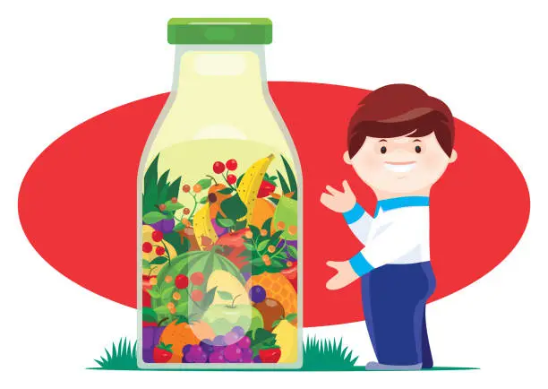 Vector illustration of boy presenting with fruits drink bottle