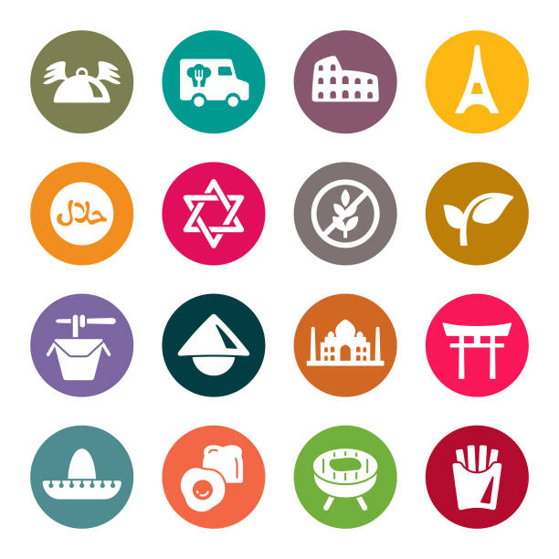 World food delivery service colourful vector icons World food delivery vector icon set kosher symbol stock illustrations