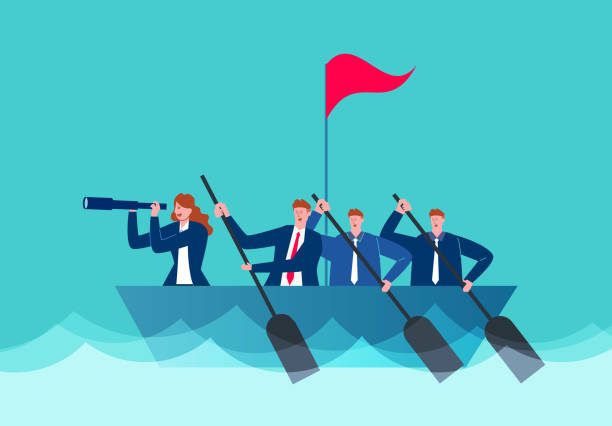 ilustrações de stock, clip art, desenhos animados e ícones de female leader holding a telescope to lead her team to paddle in the ocean - canoe canoeing paddling oar