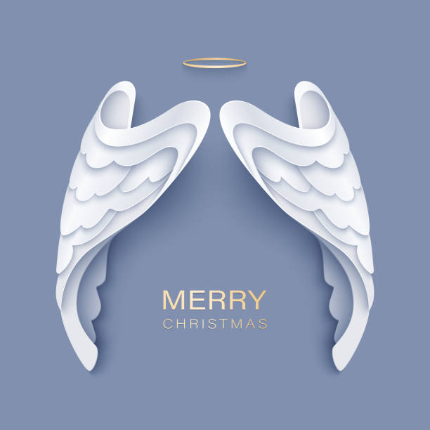 ilustrações de stock, clip art, desenhos animados e ícones de merry christmas paper cut card with white angel wings - freedom praying spirituality silhouette