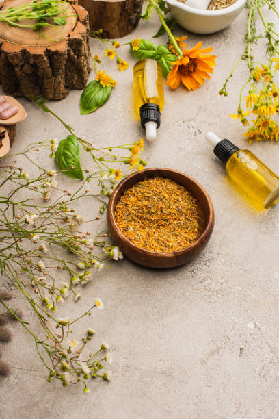 istock wildflowers, herbs, bottles on concrete background, naturopathy concept 1264459670