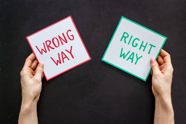 istock Choice concept. Right and wrong way icons, female hands top view 1264459672