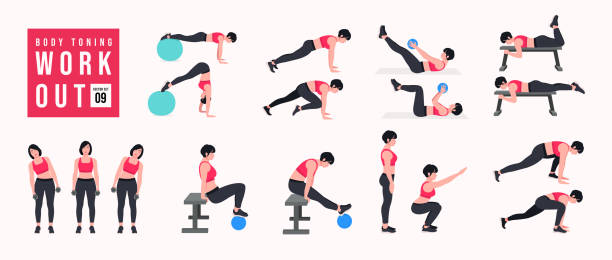 Body Toning Workout Set. Women doing fitness and yoga exercises. Body Toning Workout Set. Women doing fitness and yoga exercises. Lunges, Pushups, Squats, Dumbbell rows, Burpees, Side planks, Situps, Glute bridge, Leg Raise, Russian Twist, Side Crunch .etc burpee stock illustrations