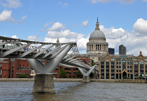 Millennium footbridge leading across from River Thames Southbank to St Pauls Cathederal, dome in distance. Outdoors on a summers day. London, United Kingdom, August 2, 2020