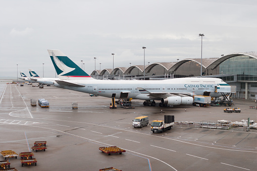 Cathay Pacific Airways Boeing 747-400 airplane at the Hong Kong International Airport. It is a four-engine widebody commercial jet airliner.