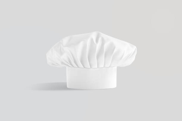 Blank white toque chef hat mockup stand, gray background Blank white toque chef hat mockup stand, gray background, 3d rendering. Empty protect master headgear mock up, front view. Clear blanche dome cover for cooker or baker template. toque stock pictures, royalty-free photos & images
