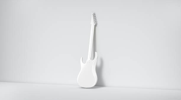 istock Blank white electric guitar mockup, stand near wall, backside view 1264470672