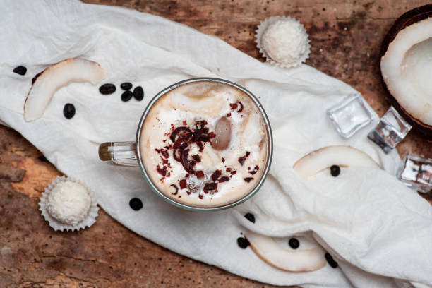 Coconut milk latte coffee decorated with grated chocolate