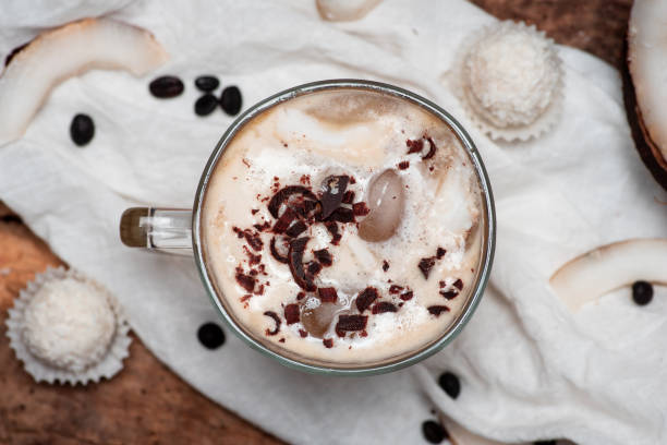 istock Coconut milk latte coffee decorated with grated chocolate 1264475389
