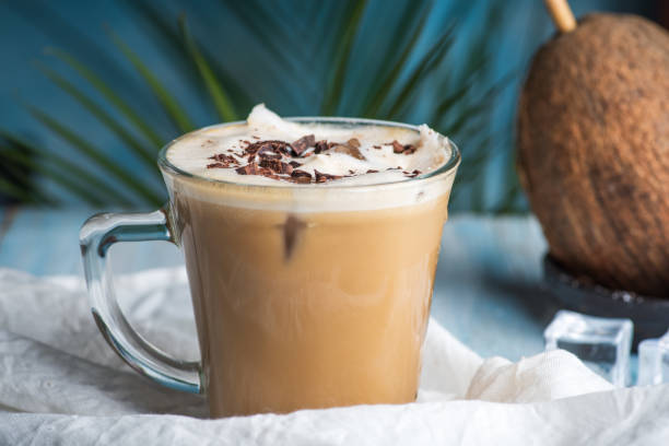 istock Coconut milk latte coffee decorated with grated chocolate 1264475434