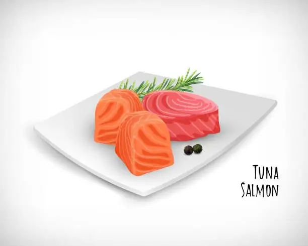 Vector illustration of Salmon meat cubes, Tuna fish steak, rosemary twig, black peppercorns on white plate. Lettering Salmon, Tuna. Vector hand drawn elements for culinary designs.