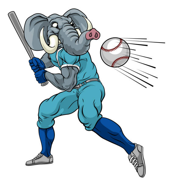 слон бейсболист талисман размахивая bat - characters sport animal baseballs stock illustrations