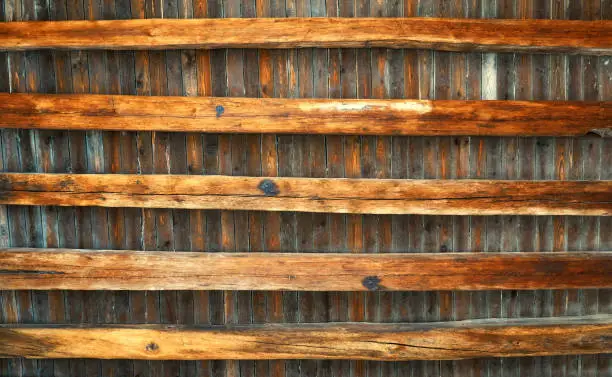 Photo of Ceiling made of old wooden beams as a background.