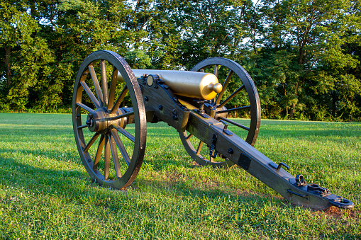 Maryland, USA 08/05/2020: Close up image  of a civil war era bronze Howitzer M1841 12 pounder field cannon located at the Monocacy Battlefield where union and confederate armies fought in 1864.