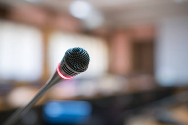 istock Conference room with microphone for presentation or meeting room prepare for speaker and speech about education lecture in university performance in seminar 1264487036