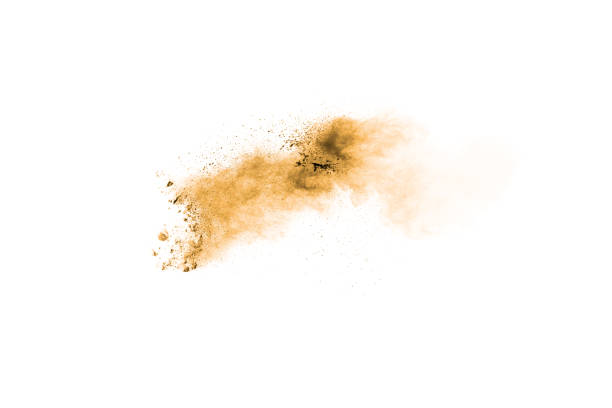 istock Brown powder dust cloud.Brown particles splattered on white background. 1264488112